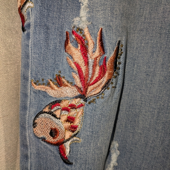 For The Republic Distressed Blue Jeans with Red Embroidery - Picture 2 of 6